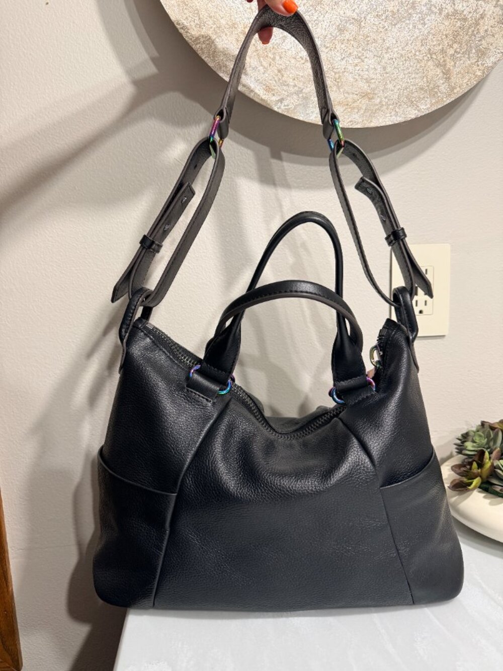Convertible Slouchy Pebbled Black Leather Satchel Shoulder Bag Iridescent - Picture 4 of 13